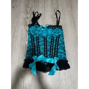 Vintage Just Sexy Intimate Teal Lace Corset Top Bustier Bows Ribbons Size Medium